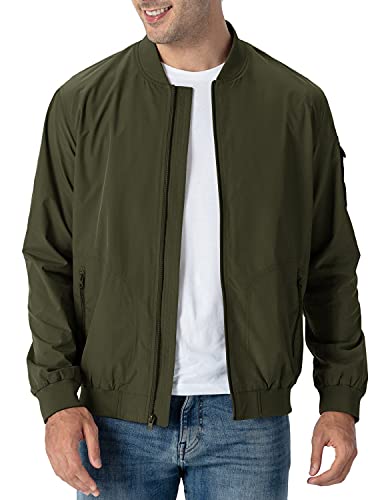 Rdruko Mens Lightweight Windbreaker Jacket Athletic Flight Bomber Jacket Zip Up(Army Green US L)