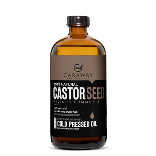 Image of CARAWAY Organic Cold Pressed Castor Oil - Edible for Constipation Relief & Hexane-Free Castor Oil for Hair Growth, liver detox Skin & Joint pain glass bottle - 475 ml / 16 oz