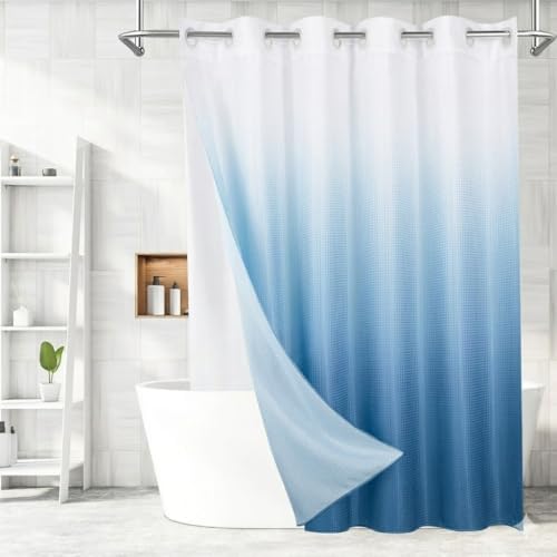 Image of HOMETHREADS Embrace Luxury with Our 6-Feet Long Premium Polyester Shower Curtain with 12 Hooks for a Lavish Bathroom Ambiance | Stylish, Splendid, and Perfectly Sized (White Shade Blue, 180x200cm)