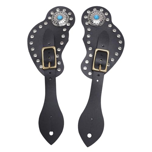 2Pcs Leather Westerns Spur Straps for Cowboy, Double Ply Reinforced Stitching Spur Straps, Spur Strap Set Artificial Leather Rhinestone Decorations Adjustable Spur Holders (Black)