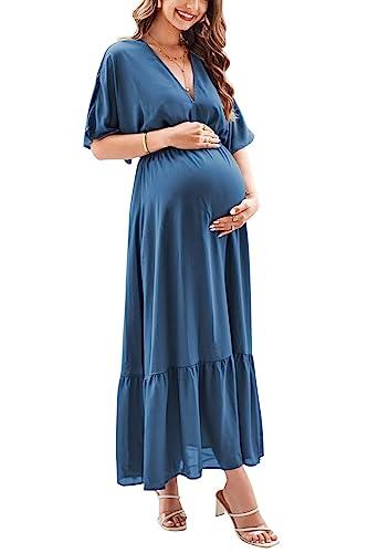 Styleword Women's 2023 Summer Maxi Dress V Neck Short Sleeve Flowy Maternity Wedding Guest Beach Long Dresses Pregnancy(Blue-L) #TOP15