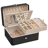 SONGMICS Jewelry Box with Mirror, 2-Layer Jewelry Holder Organizer, Travel Jewelry Case, Removable Jewelry Tray, 6.9 x 8.7 x 4.3 Inches, Earring Necklace Storage, Gift Idea, Ink Black UJBC200B01