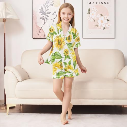 senya Pajama Sets Silky Button Down Nightwear Sleepwear Size 5-14 Years Green Leaves Sunflower3