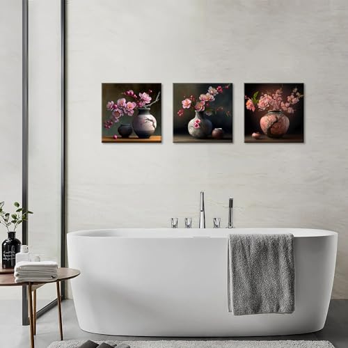 Piy Peach Blossom Painting Set of 3, Pink Flowers Canvas Prints Framed Pictures for Living Room Bedroom, Kitchen - 12x12inch - Image 3