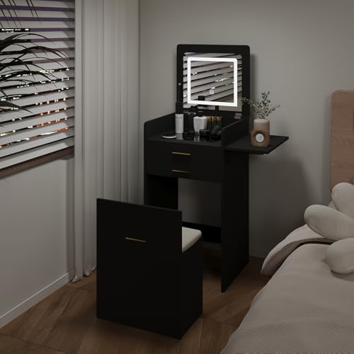 ARTETHYS Small Vanity Desk Set with Flip-top Mirror and Lights Black Integrated 3 in 1 Makeup Vanities Set for Tiny Space Compact Mini Dressing Table with Fold-up Panel and Storage Chair for Bedroom