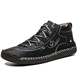 YONGJIA Mens Leather Casual Lace up Driving Walking Ankle Boots Stitching Work Fashion Shoes Black 46