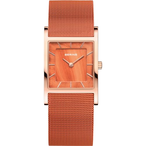 Bering 10426-565-S Reloj de Cuarzo para Mujer con Caja de Acero Inoxidable de 26 mm con Acabado en Oro Rosa y Esfera Naranja, Correa milanesa, Cristal de Zafiro y Resistencia al Agua de 5 ATM