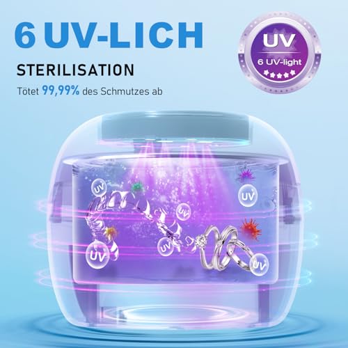 Klarsonic Ultraschallreinigungsgerät, 50kHz Dental Pod, 250ML Ultraschallreiniger, Ultrasonic Cleaner mit 6 UV Lampe für Zahnspangen, Zahnschiene, Retainer, Zahnersatz, Prothesen, Aligner, Schmuck