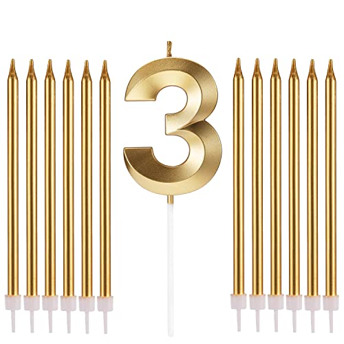 Jumochi Geburtstagskerzen Zahl 3 + 12 lange dünne metallische Kerzen für Geburtstagskuchen Hochzeit Jahrestag Haustiere Geburtstag Party Dekorationen (3, Gold)