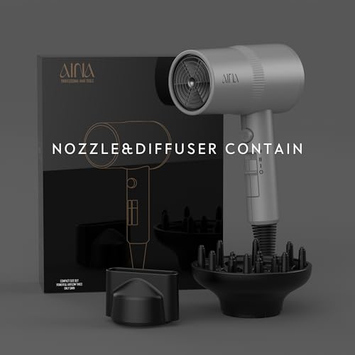 Image of AINA Diffuser Hair Dryer Full-Featured Blow Dryer 110V /1600W(Ash Grey) | 3 Heat /2 Speed;Cold shut button;Lightweight;Compact Size;High Temp;Low Airflow;Same Results;Less Expense