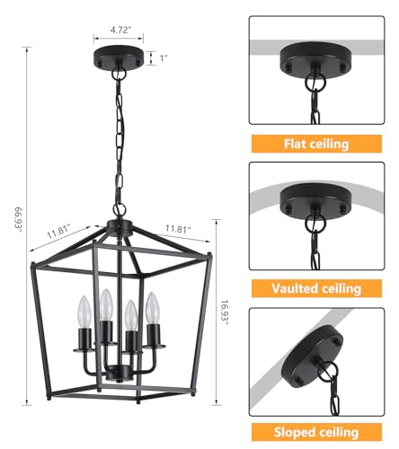 Amzasa Ul Listed Black Industrial 4 Light Lantern Chandelier Ceiling Light Fixtures Farmhouse Metal Cage Rustic Geometric Pendant Light For Kitchen Island Entryway Dining Room Stairs And Hallway thumb #2