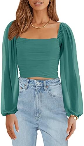 Wenrine Womens Mesh Long Sleeve Crop Tops Night Going Out Square ...