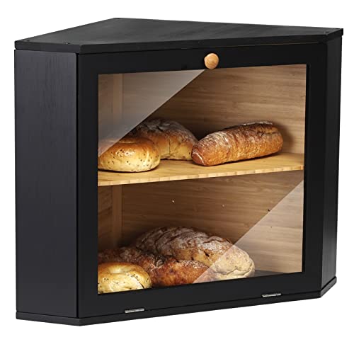 Leader Accessories Corner Bread Bin Bamboo Two-Layer Bread Box for Kitchen Corner fit 12.6x12.6x13.4 Black