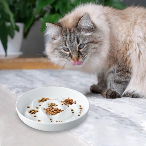 Amexo Anti Schling Napf Katze,16x16cm Interaktiver Pet Fressnapf, Katzen Näpfe Langsam Fütterung mit Hohen Rändern, Reduziert Verschlucken und Überessen Slow Feeder für Katzen und kleine Hunde, Weiß