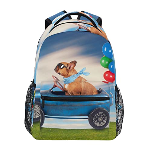 KUEhhhr Cane Bulldog francese Guida Giocattolo Auto Laptop Zaino 16 Pollice Scuola Viaggio Borse Bookbag per Bambini Ragazzi Business, Cane Bulldog francese guida auto giocattolo, Taglia unica