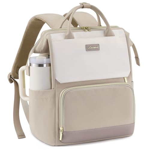 Image of LOVEVOOK Laptop Backpack for Women with Giant Tumbler Holder Pocket, 15.6 inch Travel Work Backpack Purse for Nurse Teacher, Waterproof Bag College Bookbag Casual Daypack Khaki