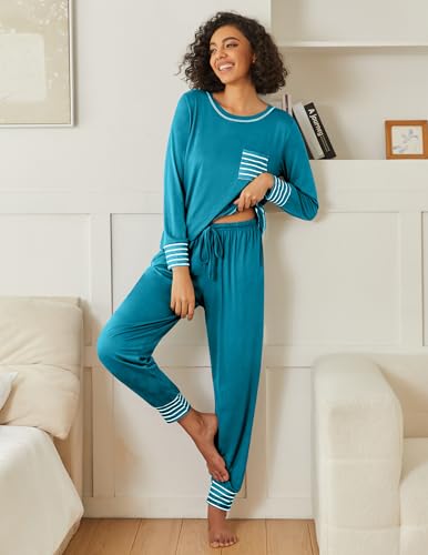 Image of Ekouaer 2 Pack Womens Pajama Sets Long Sleeve Lounge Sets Soft Pj Sleepwear Loungewear