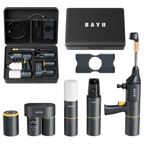 BAYU 6-in-1 Cordless Power Washer Gun Kit with Foam Bottle, Include Vacuum Cleaner 19000KPA, Car Tire Inflator, Power Bank 19200mAh, Flashlight with Lightshade, Cellphone stend (6Pcs)