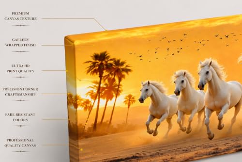 Image of 7 Horse Vastu Sunrise Canvas Painting | Positive Energy Wall Decor | Big Size Premium Running Horses Artwork for Home, Office & Hall Decoration (Modern, Sky Horse, 44x20 Inch)