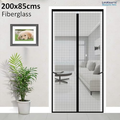 Image of LifeKrafts Mosquito Net Curtain for Door | Magnetic Closure, 120 GSM Fiberglass Material, Black (200x85 cm)