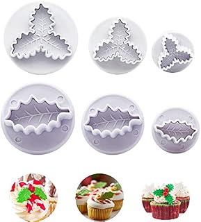 Orapink 6 Pieces Holly Leaf Cookie Cutters Plunger Set 3D Christmas Biscuit Fondant Molds for Baking,Cake Decorations