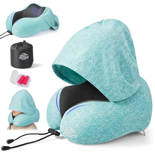Image of SkytraxComf Travel Neck Pillow with Hood for Privacy on Long Flights | Memory Foam | Airplane Sleep | Safety-Tested Materials | Extra Large Hood | Chin Support | Earplugs | Washable Cover