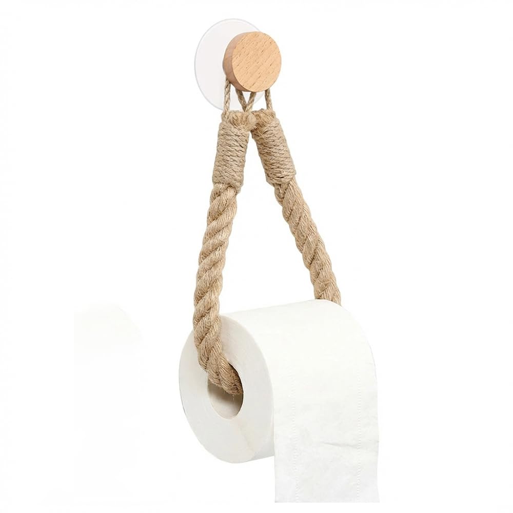 Wooden Rope Toilet Roll Holder, Funky Natural Wood and Jute Rope Self-Adhesive Paper Holders for Bathroom and Kitchen, Wall Mounted Loo Roll Accessories and Rustic Nautical Decor