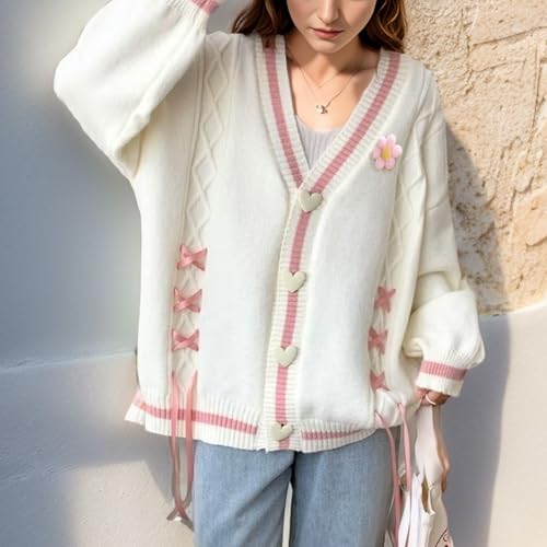 FindThy Women’s Cute Sweet Cardigan Sweater Kawaii Love Button Long Sleeve V-Neck Bowknot Knitted Outerwear2