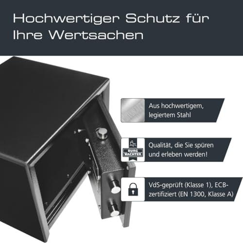 Burg-WÄCHTER Möbeltresor aus Stahl mit Doppelbartschloss, Feuerfest, Innenbeleuchtung und Fachboden, Wand- und Bodenbefestigung, 15,0 l, 44,0 kg, Profi-Safe PRS 510 K, Schwarz