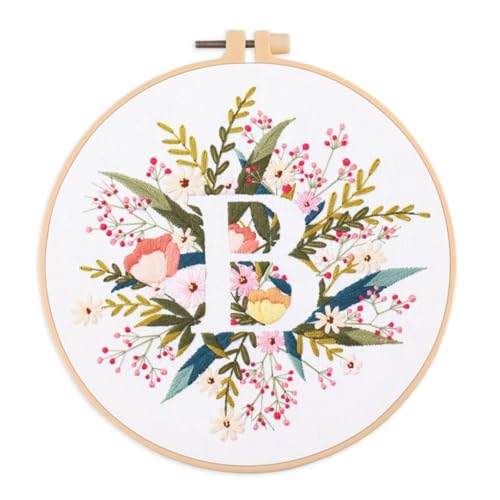 Image of IUHUI Embroidery Kit for Beginners Adults - 26 Floral Letters Easy Patterns, DIY Hand Stitching Embroidery Set with Hoop (Flower and Grass Letter B)