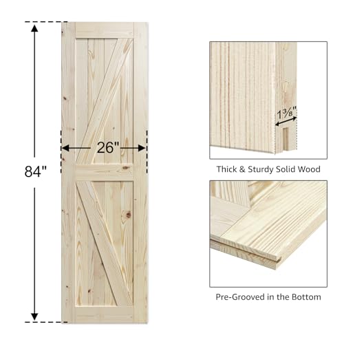 Image of SmartStandard 26in x 84in Sliding Barn Wood Door Pre-Drilled Ready to Assemble, DIY Unfinished Solid Spruce Wood Panelled Slab, Interior Single Door Only, Natural, K-Frame (Fit 5FT Rail)