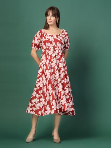 Image of OOMPH! Below Knee Shift Pink Dress in Crepe Fabric with Round Neck and Puff Sleeves - md619l