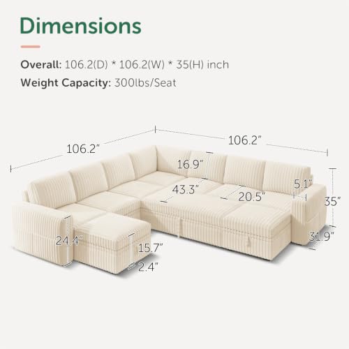 Image of HONBAY Modular Sectional Sleeper Sofa with Pull Out Bed Oversized Corduroy L Shaped Sofa Bed with Storage Couches for Living Room,Beige