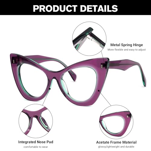 Zeelool Cat Eye Frame Glasses for Women, Acetate Stylish Eyeglasses Frame with Non-prescription Clear Lenses ZJGA354576-05 Purple