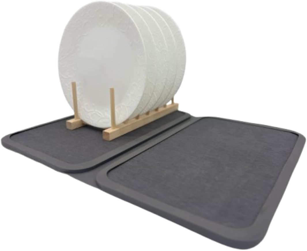 Stone Drying Mat For Kitchen Counter-Large Stone Dish Drying Mat-Foldable-16"x21" With Dish Drying Rack-Gray-Quick Drying
