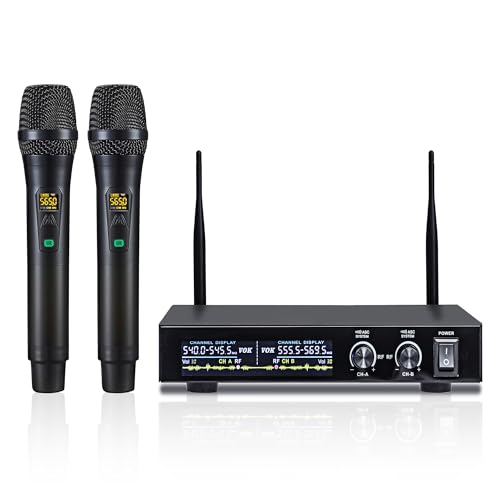 XUNGUAN UR-2H Sistema de micrófono inalámbrico, juego de micrófono inalámbrico de metal con funda, micrófonos dinámicos inalámbricos de mano para cantar, karaoke, iglesia, DJ, frecuencias ajustables
