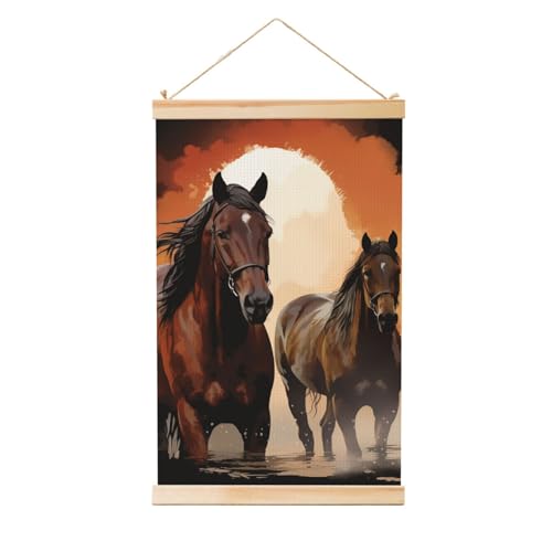 Œuvre d'art vintage cheval marron sur panneau de bois noble