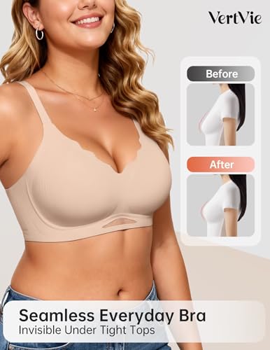 Vertvie Bras for Women Wireless Comfortable Push Up Bra Scalloped Seamless Full Coverage No Underwire Supportive T Shirt Bras(Nude,Medium)
