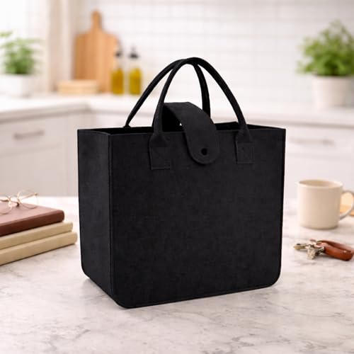 Image of Felt Fabric Reusable Shopping Bag with Handle & Button Closure for Grocery, School, Beach, Travel, Study, Gym, Gifts | Size - 30x34.5x17.8cm