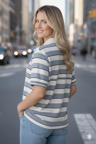 Image of Mack Jonney Women's Striped Polo T-Shirt | Half Zip Collar | Half Sleeve Cotton Casual Top | Relaxed Fit-M7496