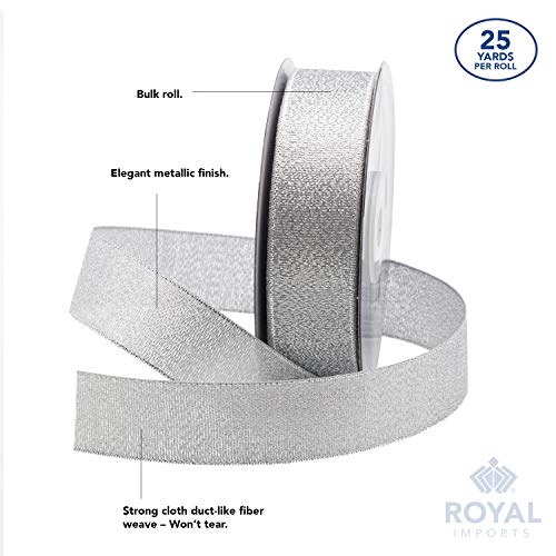 Royal Imports Metallic Sparkly Glitter Fabric Ribbon Roll For Christmas, Craft, Floral, Wedding, Sewing, Bow Making, Gift Wrapping, 25 Yards Spool, 7/8 Inch (#5), Silver #TOP2