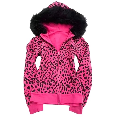GOTHPICKUS Y2K Rivet Faux Fur Hoodies For Women Zip Up Punk Gothic Stripe Slim Fit Trendy Tops Long Sleeves Casual Jacket (Medium,Pink)