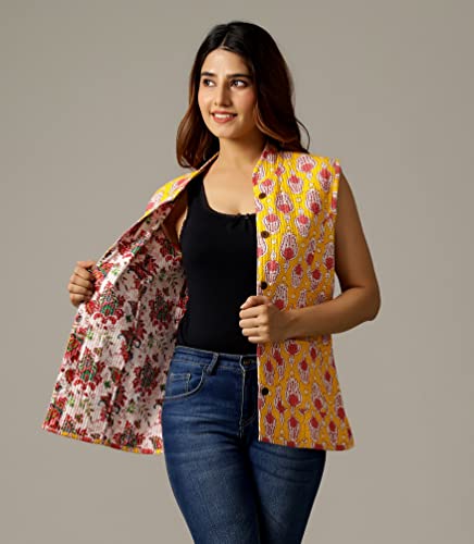 Image of Ravaiyaa - Attitude is everything Women's Floral Printed Reversible Quilted Jacket Coat Blazer Jacket Sleeve Less Waistcoat