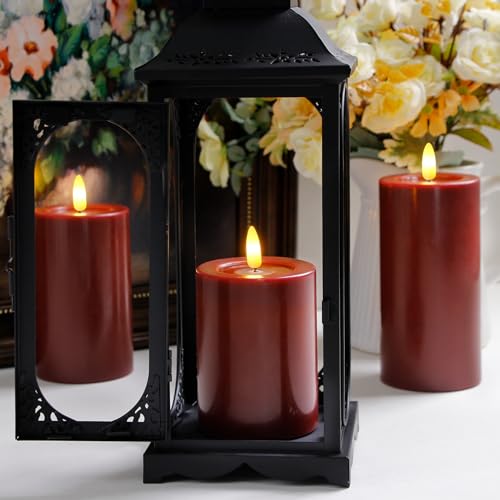 Image of Yeelida Remote Flameless Flickering Pillar Candles with Candle Grease Effect,Pack of 3 Burgundy LED Battery Oprated 2 /4 /6 /8 Hours Timer Real Wax Electric Candles(3x4,5,6 Inches)