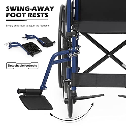 Monibloom Lightweight Wheelchair With 18 Inch Wide Seat, Folding Transport Chair Portable Wheel Chair With 24'' Pu Mag Wheels For Extra Comfort Use, 300 Lbs Weight Capacity, Blue #TOP6