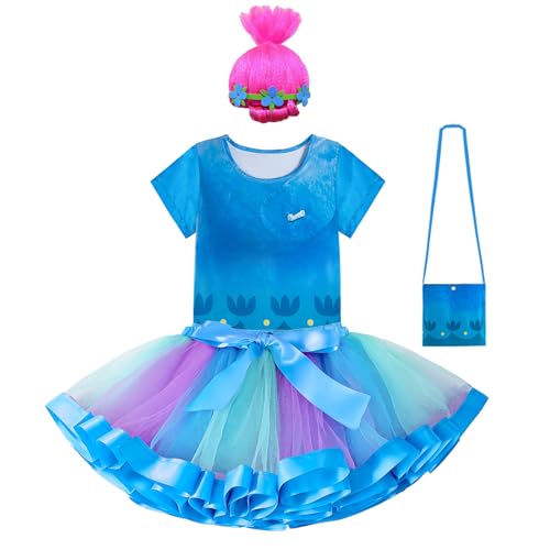 Miltrs Rainbow Tutu dress for Girls,Poppy Costume Dress Birthday Outfit Halloween Dress Up with Wig Bag Age 3-8