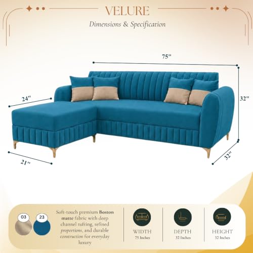 Image of CASASTYLE Signature Velour 4-Seater L-Shape Sofa Set with Movable Ottoman | Flexible LHS /RHS Layout | Boston Matte Fabric | 40D Foam + Zigzag Spring | 3-Yr Warranty (Ocean Blue)