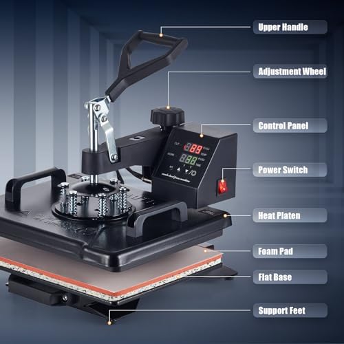 CREWORKS 30x38cm 5-in-1 Heat Press Machine Professional Swing Away Heat Press for T Shirt Cup Hat Mask Cap Plate Mouse Pad Tote Bag Pillow Case Coaster Ceramic Tile for Home Charity or Business