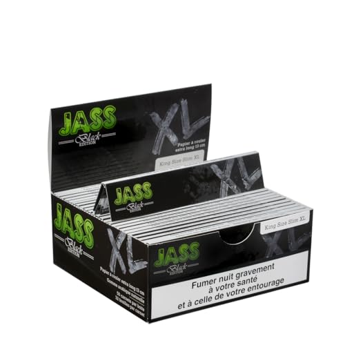 Jass Black Edition XL Feuilles à Rouler, Papier 70% Bois 30% Lin, 130x44mm, 50 Carnets de 32 Feuilles, 13g/m²