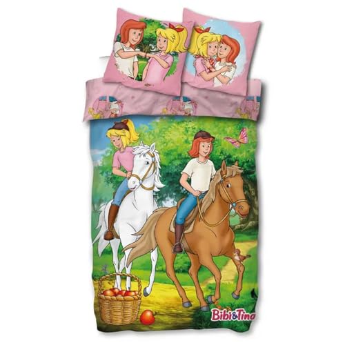 SkyBrands Bibi und Tina Bettwäsche 135x200 cm für Mädchen - 2-teiliges Set aus 100% Baumwolle inkl. Kissenbezug 80x80 cm - Pferdebettwäsche mit gratis Stoffbeutel - Wendemotiv
